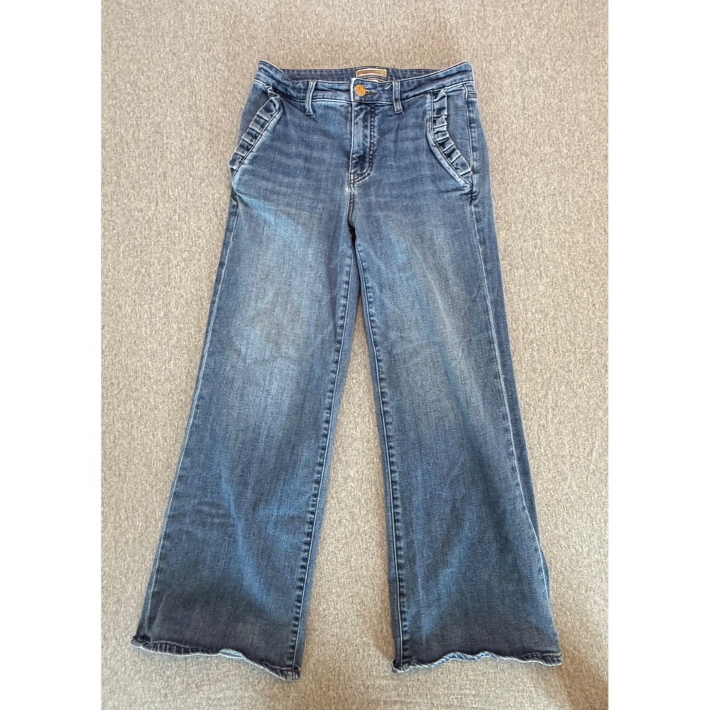 KUT from the Kloth Wide Leg Ruffle Pocket Raw Hem Jeans Blue Denim Size 4